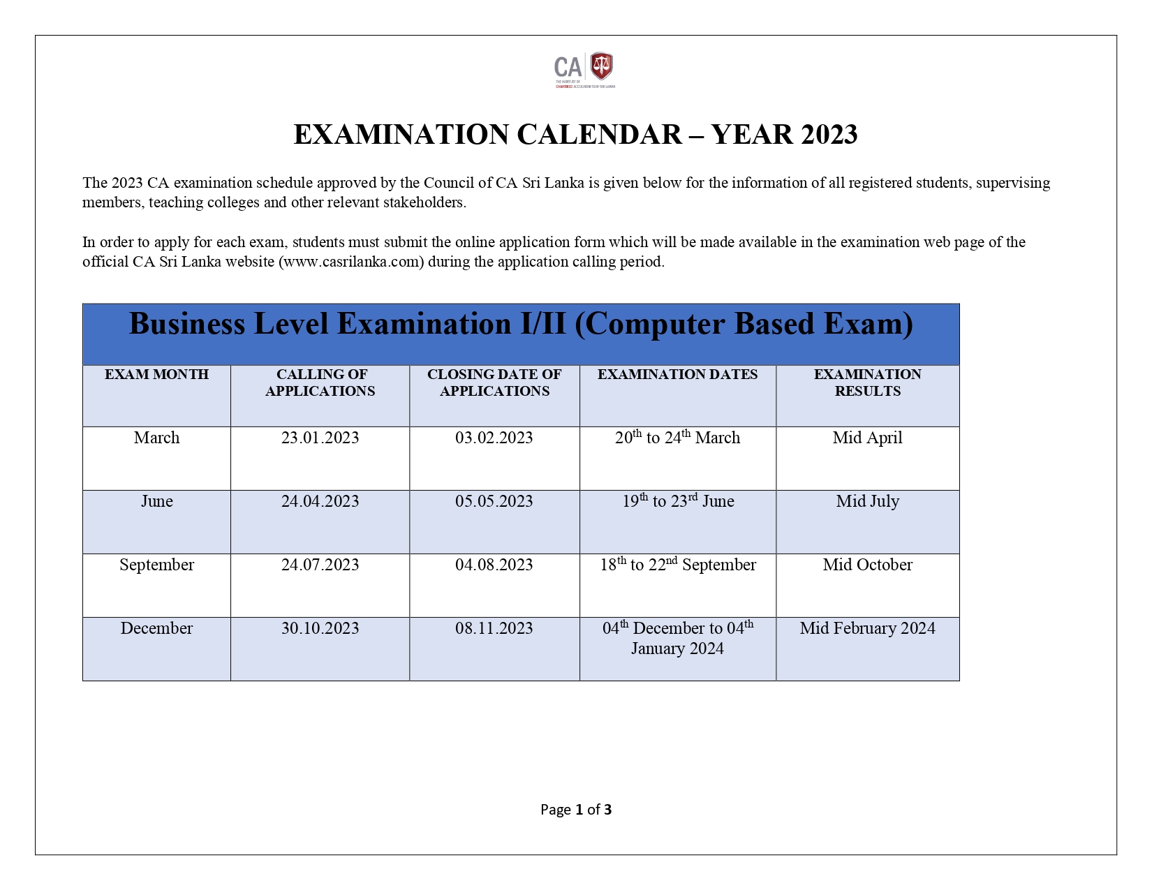 Exam Calendar 2025 Ca Sri Lanka Angil Lauryn